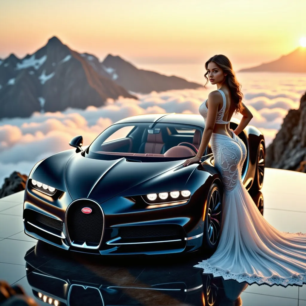 Prompt: (A close-up full car image)A black color Bugatti La Voiture Noire(Hyper intricate car body detail) displayed on a platform at the top of a high mountain, surrounded by misty clouds. There is a beautiful young woman(hyper intricate facial detail) wearing an ivory-white, sheer mermaid gown leaning gently next to the hood towards to the camera. The scene is illuminated by warm, golden light, creating a dramatic and enchanting atmosphere against the breathtaking mountain scenery