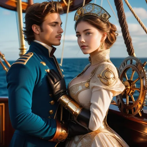 Prompt: a dashing young steampunk gentleman, clad in a stylish brass-adorned coat and leather gloves, stands beside his stunning clockpunk beauty—a vision of elegance in her intricately designed mechanical armor, adorned with delicate filigree and exposed gears. 