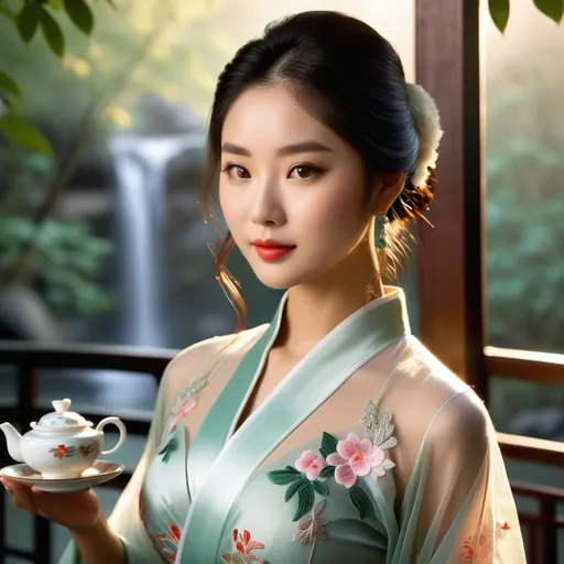 Prompt: A person gracefully sipping Pu-erh tea in a traditional pavilion by a majestic waterfall.