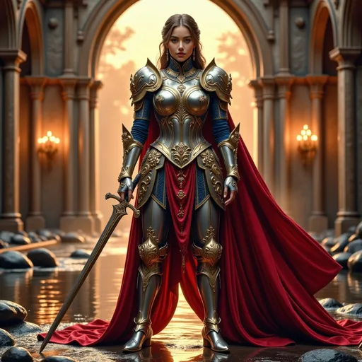 Prompt: (a full body image)A female warrior with strong figure wore A majestic Baroque-style suit of armor, crafted by celestial artisans and imbued with divine protection. The metal shimmers with a soft golden glow, forming an ethereal shield around its wearer. Lavish, intricate engravings of swirling floral motifs, cherubs, and mythical beasts adorn its surface, reflecting the grandeur of a forgotten empire. Ornate filigree and delicate gold inlays intertwine with sacred runes, pulsating with an ancient magic. The armor bears the noble scars of time yet remains unyielding, its elegance undiminished. A regal, deep crimson velvet cape flows behind, embroidered with golden threads that depict celestial constellations. Set against the grand halls of a ruined cathedral, bathed in the warm glow of candlelight, the armor stands as a masterpiece of resilience, beauty, and divine power And she holds an ancient bronze sword inlaid with gems in both hands. Standing bravely and invincibly in front of the moat of the city gate to resist the enemy, with a firm and confident expression at sunset
splash art, hyper detailed, ultra realistic, highly detailed, surreal heavy mist, Perfect studio lighting, perfect shading, impeccable contrast, HDR, UHD, high res, 64k