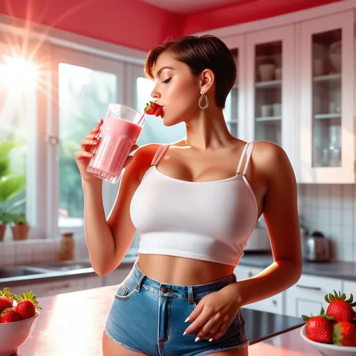 Prompt: A young woman is drinking strawberry   milkshake in the kitchen
Sunlight streams through the window, casting a warm glow. The scene captures a refreshing and cooling moment, evoking a sense of relief from the heat. Highly detailed, ultra-realistic, soft lighting, summery aesthetic