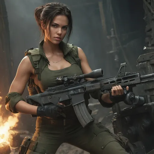 Prompt: Digital concept art. A young, stunning female mercenary with a strong and well-proportioned physique (dressed in a dark green crop top paired with deep green jeans and a pair of military boots.) setting up a heavy machine gun mounted on a tripod inside a battle trench. She is fiercely firing at enemies in front of her, with determination on her face. Bullet casings eject rapidly as the muzzle flashes illuminate the dark and gritty battlefield. Surrounded by sandbags and rough terrain. The scene features dramatic lighting, cloudy skies, and an intense, cinematic atmosphere