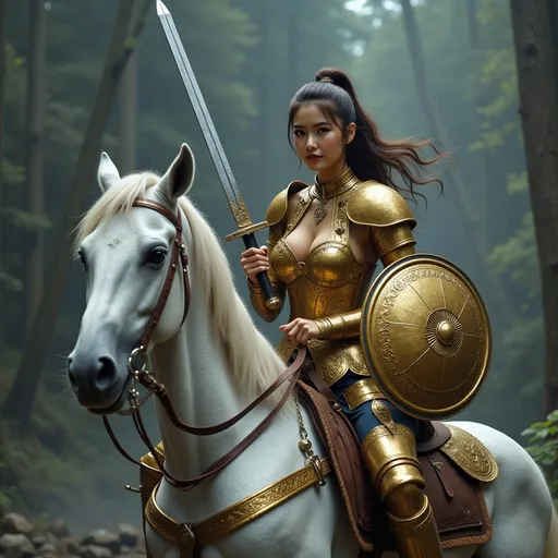 Prompt: Digital concept art, close up shot. A muscular strong woman (badass medieval knight), (wearing golden armor), gripping sword in right hand, and a golden shield in left hand, rode a white horse inlaid with golden saddles and  dolmen protective equipment, fierce expression, dramatic pose, intricate armor details, dark and moody color palette, cinematic lighting, highly detailed, stormy background, strong and powerful presence, evokes a sense of bravery and strength, captivating and intense atmosphere, ultra-detailed, UHD 8K resolution, ready for battle. full body view
