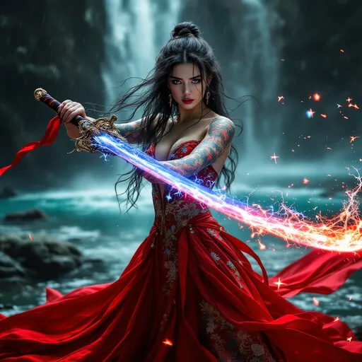 Prompt: full-body pose, a young stunning Eurasian female figure with long curvy hair , performing an advanced Chinese Kong fu move, adorned in elaborate Chinese tattoos, wearing a Chinese red evening gown with high heels, dynamic pose wielding a Chinese grand sword, magical lightning emanating from the sword, intense focus in expression, her body covered in sweat from using her magical powers, exhausted expression, artistically blurred background of an waterfall in a dark forest setting, vibrant colors emphasizing movement and athleticism, photorealistic image, ultra-detailed, high-quality masterpiece.