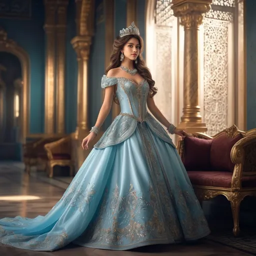 Prompt: A long, long time ago, on a sunny day, a stunningly beautiful princess (gorgeously detailed facial features)with a graceful figure dancing in the ballroom of a grand palace. She was dressed in a gorgeous water blue princess sheer gown(intricate details in fabric texture), with a set of royal necklaces on her neck, and a crown on her head.
fine detailed drawing, professional photo, HDR, UltraHD, a lot of details, pixel study, 3D, detail, photorealism, majestic, stunning, elegant, brillant, sumptuous, magnificent, effulgent, refulgent,
, lovely, epic, long hair, mystic, full body view, classical and warm lighting style and cinematic art, portrait view, close up view 
