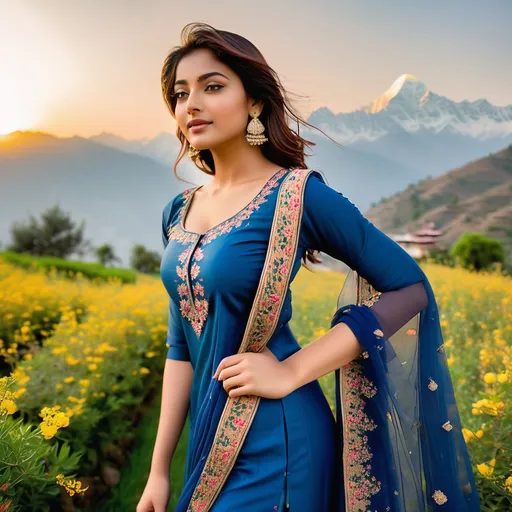 Prompt: A woman stands on a beautiful greener field in the sunset