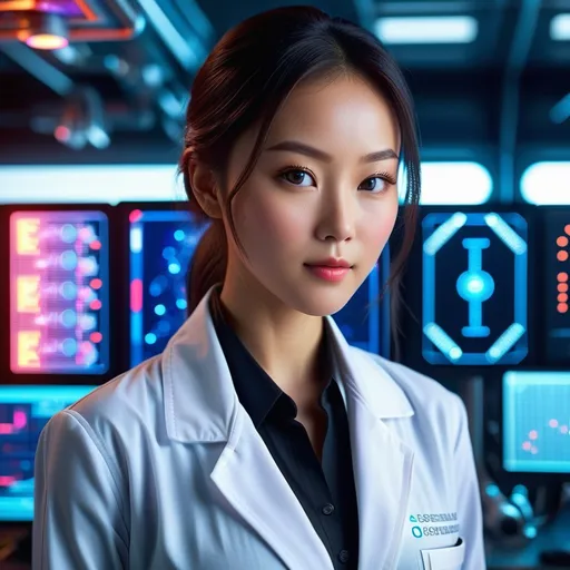 Prompt: A female scientist professor in a high-tech research facility, passionately working on developing next-generation AI technology.