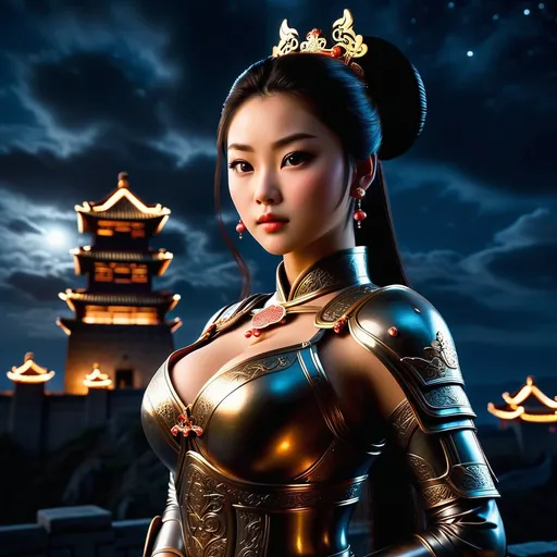 Prompt: A fearless Chinese princess from the ancient era stands atop the castle wall on a dark cloudy summer night.