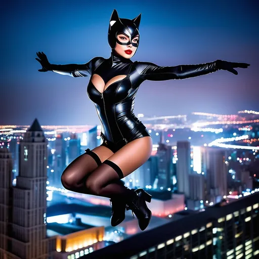 Prompt: A cinematic Hollywood-style poster featuring Catwoman mid-air during a daring leap between skyscrapers at night