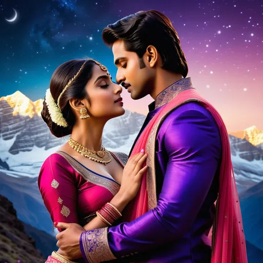 Prompt: A romantic Bollywood movie poster featuring a stunning young Indian couple under a breathtaking, starry mountain sky. The man, tall and handsome with chiseled features, wears a stylish sherwani or a modern suit, while the woman, elegantly dressed in a flowing saree or lehenga, radiates grace and beauty. They gaze into each other’s eyes with deep passion, as if entrusting their souls to one another for eternity. The background showcases a mesmerizing high-altitude landscape, with soft moonlight casting a magical glow over the misty peaks. The scene is infused with cinematic drama—wind gently lifting her dupatta, subtle golden light reflecting on their faces, and a dreamy Bollywood-style color palette with rich blues, purples, and warm golden hues. The poster design includes a dramatic movie title in stylized Hindi typography, with soft glowing effects and a touch of vintage Bollywood charm.