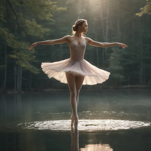 Prompt: A stunningly beautiful woman with a graceful figure, dressed in a sheer of ballet dress , dances lightly in a ballet style (jump-fly-and turn)on the surface of a dreamy lake. Ethereal, romantic light streams through the forest by the lake, creating a cinematic atmosphere, highly detailed, ultra-detailed, UHD 8K resolution, close up shots 

