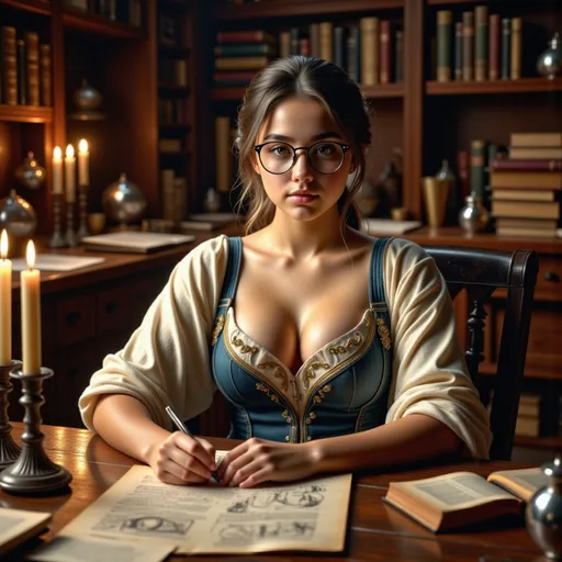Prompt: A beautiful yet disheveled young female scholar in 11th-century Europe, deeply engrossed in studying human origins. She wears round, slightly askew glasses, her unkempt hair loosely tied back with stray strands falling over her face. Her medieval dress is wrinkled and stained with ink. The chaotic home workspace is overflowing with valuable ancient manuscripts, rare books, and scientific tools—quills, ink bottles, astrolabes, and anatomical sketches. Stacks of papers cover the wooden desk and floor. Candles flicker, casting a warm, moody glow over the disorderly yet intellectually rich environment. Her eyes shine with curiosity and determination as she immerses herself in her research