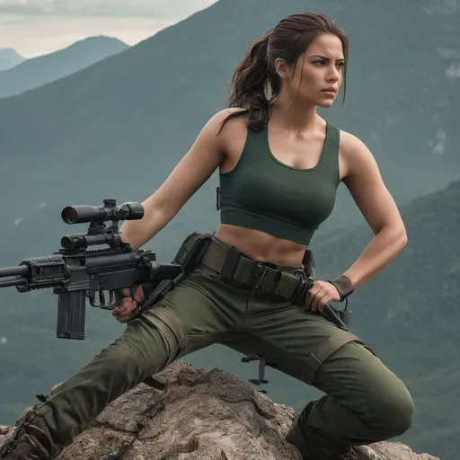 Prompt: Digital concept art, close up, side shot,
A young, stunningly beautiful female mercenary with a strong, well-proportioned, and powerful physique(dressed in a dark green crop top paired with deep green jeans and a pair of military boots.) is positioned on a high mountain cliff. She is prone on the ground, setting up a sniper rifle(CheyTac M200 Intervention(intricate details)), Her right eye is aiming through the scope at the target. her sharp and focused gaze fixed on a distant target.cautious face, full alert, depressing ambience, cloudy skies, foggy weather, intricate details, detailed face, detailed armor, delicate hair, detailed eyes, contrast shadow, dramatic lighting, hi res, UHD, 8K, 85mm lens, Sony A7R, bokeh


