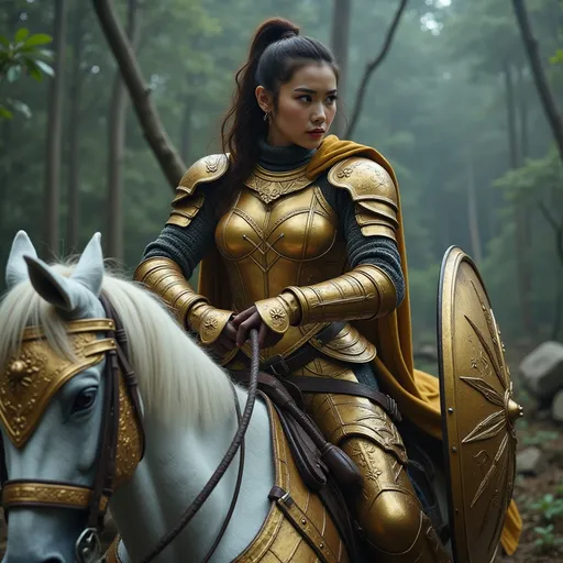 Prompt: Digital concept art, close up shot. A muscular strong woman (badass medieval knight), (wearing golden armor), gripping sword in right hand, and a golden shield in left hand, rode a white horse inlaid with golden saddles and  dolmen protective equipment, fierce expression, dramatic pose, intricate armor details, dark and moody color palette, cinematic lighting, highly detailed, stormy background, strong and powerful presence, evokes a sense of bravery and strength, captivating and intense atmosphere, ultra-detailed, UHD 8K resolution, ready for battle. full body view
