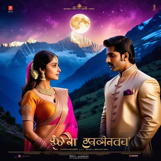 Prompt: A romantic Bollywood movie poster featuring a stunning young Indian couple under a breathtaking, starry mountain sky. The man, tall and handsome with chiseled features, wears a stylish sherwani or a modern suit, while the woman, elegantly dressed in a flowing saree or lehenga, radiates grace and beauty. They gaze into each other’s eyes with deep passion, as if entrusting their souls to one another for eternity. The background showcases a mesmerizing high-altitude landscape, with soft moonlight casting a magical glow over the misty peaks. The scene is infused with cinematic drama—wind gently lifting her dupatta, subtle golden light reflecting on their faces, and a dreamy Bollywood-style color palette with rich blues, purples, and warm golden hues. The poster design includes a dramatic movie title in stylized Hindi typography, with soft glowing effects and a touch of vintage Bollywood charm.