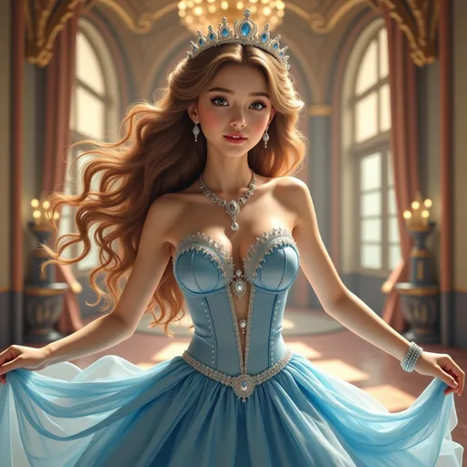 Prompt: A long, long time ago, on a sunny day, a stunningly beautiful princess (gorgeously detailed facial features)with a graceful figure dancing in the ballroom of a grand palace. She was dressed in a gorgeous water blue princess gown(intricate details in fabric texture), with a set of royal necklaces on her neck, and a crown on her head.
fine detailed drawing, professional photo, HDR, UltraHD, a lot of details, pixel study, 3D, detail, photorealism, majestic, stunning, elegant, brillant, sumptuous, magnificent, effulgent, refulgent,
, lovely, epic, long hair, mystic, full body view, classical and warm lighting style and cinematic art, portrait view, close up view 
