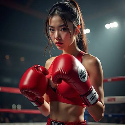 Prompt: 
(A full body view)There is a beautiful and strong female boxer (AI defined exquisitely beautiful, totally ultra realistic 18-year-old Chinese woman 
( gorgeously detailed facial features, sumptuous cleavage, perfect body proportions, ultra pale, ultra glamorous)), wearing professional boxing suit boxing on the stage 

splash art, hyper detailed, ultra realistic, highly detailed, surreal heavy mist,

Perfect studio lighting, perfect shading, impeccable contrast, HDR, UHD, high res, 64k 
