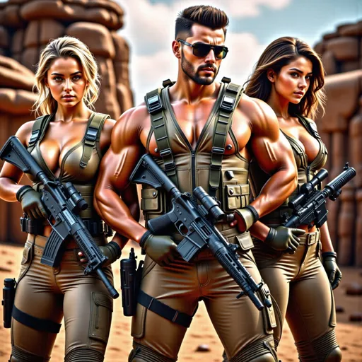 Prompt: In a desert fortress, three elite mercenaries prepare for an intense battle. Their eyes are sharp and tense, their postures are battle-ready, The scene exudes a sense of imminent bloodshed, with a dramatic Hollywood action movie atmosphere—high contrast lighting, cinematic composition, and a sense of explosive tension. 
