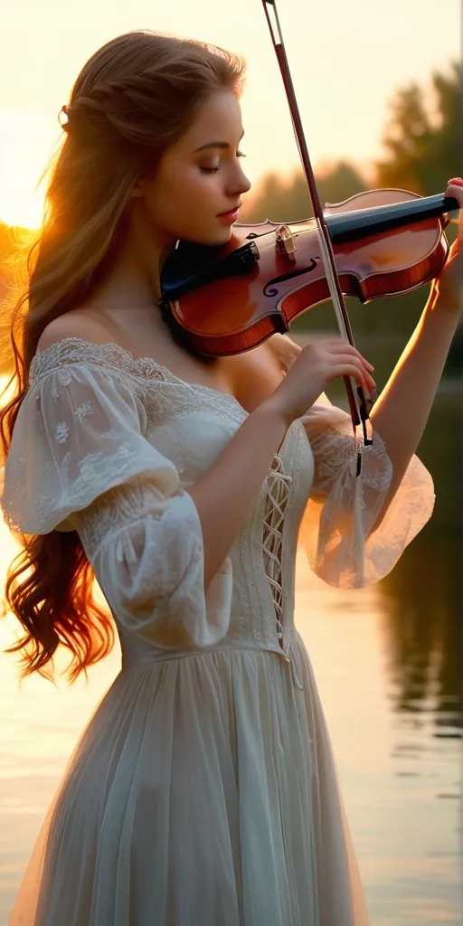Prompt: A stunningly beautiful woman playing a violin with deep emotion.