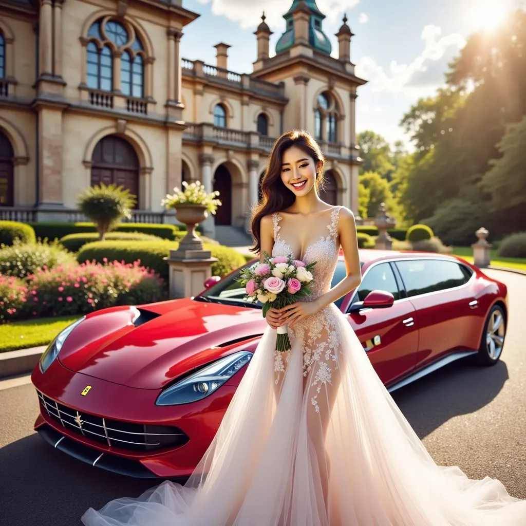 Prompt: A Ferrari Stretch Limousine in red stopped at a royal palace with a bride(She was wearing a white mermaid wedding gown, adorned with a sapphire necklace and earrings, along with a pair of pink high heels)in the morning sun shines . The bride held a bouquet of flowers as she stood beside the limousine, radiating pure happiness.
adorned with rich fabrics and intricate details, ambient lighting that enhances the elegance, soft golden tones, an aura of grandeur and sophistication, (highly detailed, ultra-detailed, 4K resolution). Full car view, full car shot 
