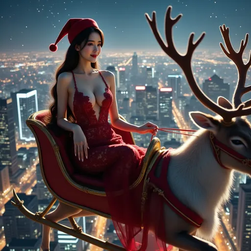 Prompt: This young, beautiful girl with a graceful and curvaceous figure is dressed in a V-neck Christmas outfit with a hat (intricate details), sitting in a reindeer(4 reindeers)-drawn sleigh soaring through the sky above a cityscape filled with towering skyscrapers in the night with city lights and stars blinking . The entire scene conveys a fairytale-like myth intertwined with the real world. Fantasy ethereal world style,Mystical and fairy tales style.
fine detailed drawing, HDR, UltraHD, a lot of details, pixel study, 3D, detail, majestic, stunning, elegant, brillant, sumptuous, magnificent, effulgent, refulgent,
, lovely, epic, long hair, mystic, full body view, classical and warm lighting style and cinematic art,

