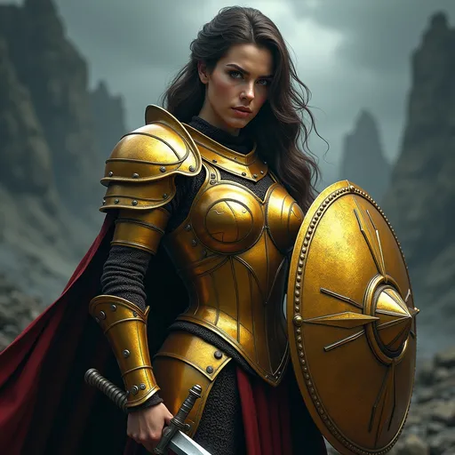 Prompt: Digital concept art, close up shot. A muscular strong woman (badass medieval knight), (wearing golden armor), gripping sword in right hand, and a golden shield in left hand, fierce expression, dramatic pose, intricate armor details, dark and moody color palette, cinematic lighting, highly detailed, stormy background, strong and powerful presence, evokes a sense of bravery and strength, captivating and intense atmosphere, ultra-detailed, UHD 8K resolution, ready for battle. full body view
