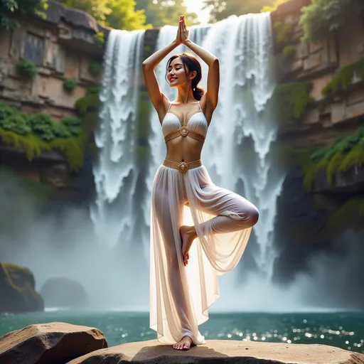 Prompt: An 18-year-old Eastern woman with classic beauty, standing at 168 cm tall, with measurements of 120cm, 62 cm, and 98cm.
Wearing white base layers
She is in Vrksasana (Tree Pose) against the backdrop of the waterfalls . Vrksasana involves standing on one leg while placing the foot of the other leg on the inner thigh of the standing leg, with hands brought together above the head
adorned with rich fabrics and intricate details, ambient lighting that enhances the elegance, soft golden tones, an aura of grandeur and sophistication, (highly detailed, ultra-detailed, 4K resolution).
Full body view