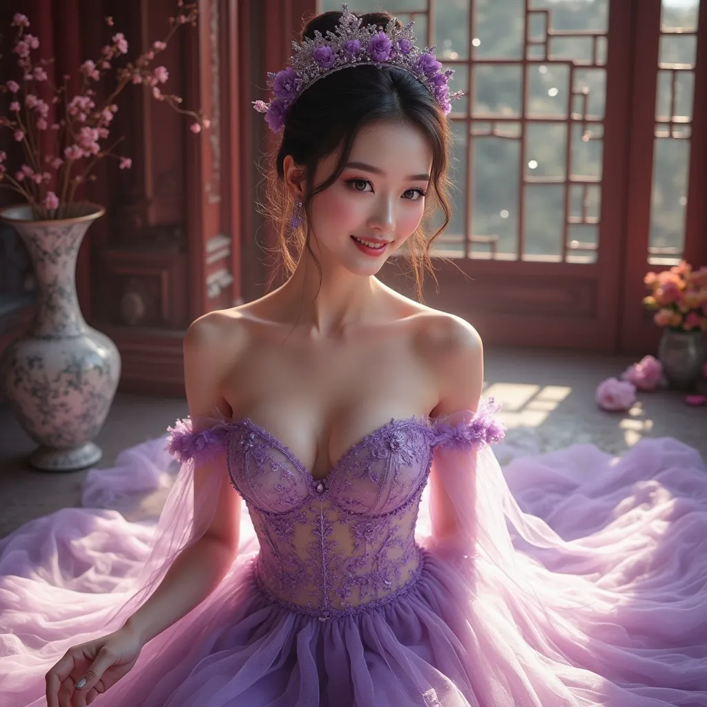 Prompt: (A full body image)splash art, hyper detailed, ultra realistic, highly detailed,  , AI defined exquisitely beautiful, totally ultra realistic young adult Chinese , gorgeously detailed facial features, perfect body proportions, ultra pale, ultra glamorous, Wearing a water purple wedding dress in the Chinese royal palace, smiling playfully 
Perfect studio lighting, 



