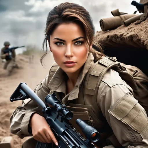 Prompt: A fierce strong female mercenary setting up a heavy machine gun mounted on a tripod inside a battle trench