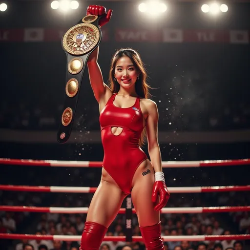 Prompt: On the stage of an international wrestling competition, a girl dressed in a red professional wrestling outfit, with a beautiful face(gorgeously detailed facial features), a graceful figure, and a strong, muscular physique, triumphantly held up the golden championship belt after winning the world title. Her expression was filled with confidence and unwavering determination.
splash art, hyper detailed, ultra realistic, highly detailed, surreal heavy mist,
Perfect studio lighting, perfect shading, impeccable contrast, HDR, UHD, high res, 64k
