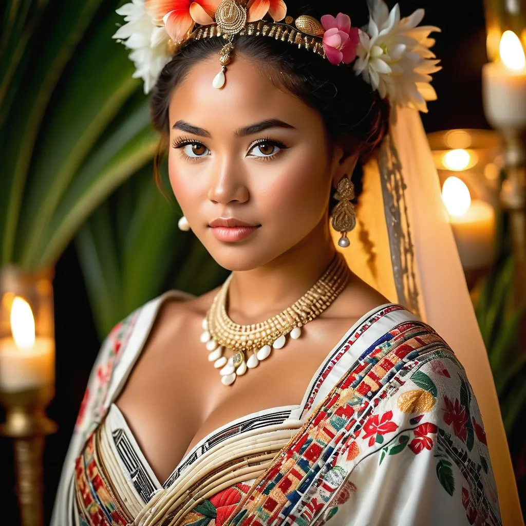 Prompt: (A wedding photo)A breathtakingly beautiful young Polynesian female chieftain on her wedding day, captured in an elegant portrait.