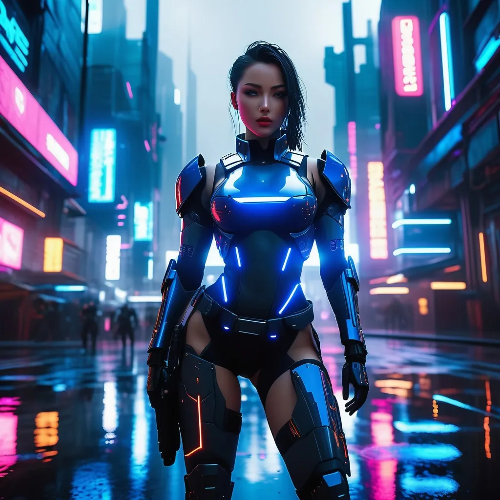Prompt: A fierce strong muscular cyberpunk  warrior, wearing a cobalt blue futuristic special forces suit, heavy weaponry, life-or-death battle, cyberpunk cityscape