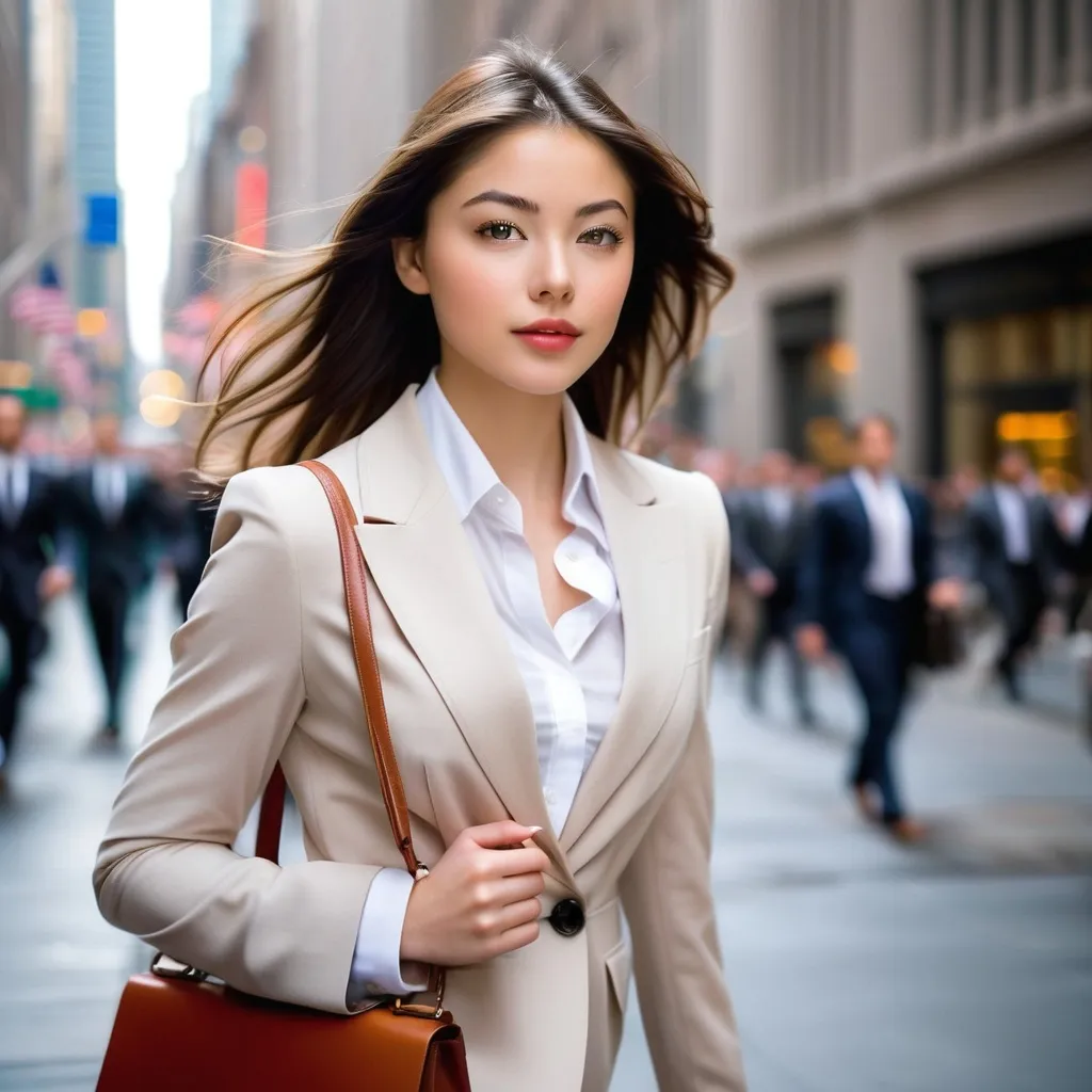 Prompt: A bustling Wall Street scene during morning rush hour, filled with blurred crowds of professionals in suits. In the center, a sharply focused young businesswoman hurries forward, captured from the waist up. She wears a modern, stylish office outfit and carries a sleek shoulder bag. Her expression is determined, eyes fixed ahead, strands of hair slightly tousled by the wind. The background is intentionally blurred, creating a shallow depth of field that isolates her from the busy crowd.