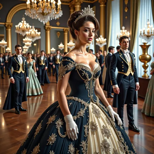 Prompt: A stunning ballroom scene in a grand 19th-century Russian palace, featuring a breathtakingly beautiful woman in the center—Sophie Marceau as Anna Karenina from the 1997 film. She wears an elegant, intricately detailed black and gold ball gown with delicate lace and a luxurious full skirt, embodying grace and nobility. Her hair is styled in an exquisite updo, adorned with pearls and jeweled accessories. Around her, aristocratic guests in opulent period attire gaze in admiration and awe, enchanted by her beauty and elegance. The ballroom is illuminated by grand chandeliers, casting a warm golden glow over the polished marble floors and elaborately decorated walls. The scene is captured in a classic cinematic style, evoking the romantic and dramatic essence of vintage film aesthetics.