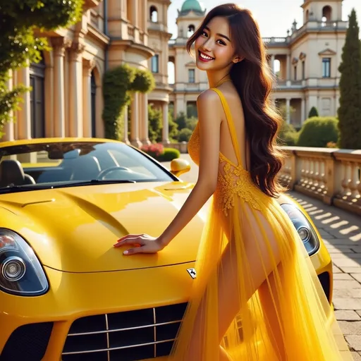 Prompt: A Ferrari 499 Stradale in silky yellow color with ultra detailed parked near a luxurious baroque palace with a 20-year-old girl smiling , wearing jumpsuit in silky yellow, and wearing  a Shimmering in gold royal ruby necklace around her neck(intricate details),  stood casually, leaning softly against the car.
adorned with rich fabrics and intricate details, ambient lighting that enhances the elegance, soft golden tones, an aura of grandeur and sophistication, (highly detailed, ultra-detailed, 4K resolution). Full car view, full car shot






