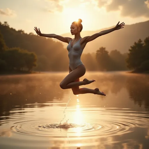 Prompt: (A close up image)A gymnast is leaping into the air with both legs fully extended and her arms outstretched to maintain balance on the surface of a beautiful lake, ultra-detailed, high quality, harmonious balance.  The golden light rays from the back of her body shape shows the glorious beauty. Classic warming style, soft and warm  lighting (highly detailed, ultra-detailed, 64K resolution) full body view, close up shot