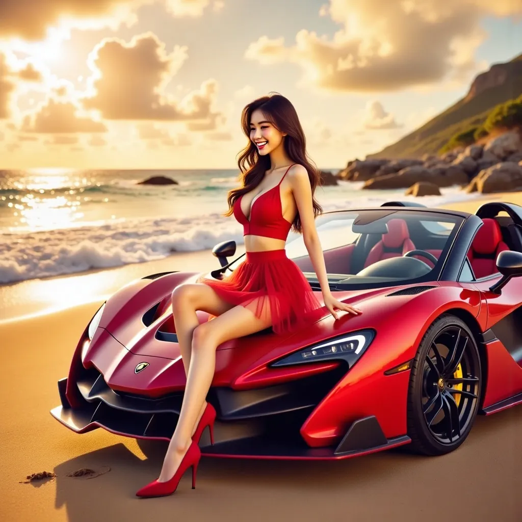 Prompt: 
A Lamborghini Veneno Roadster (Candy Apple Red by Koenigsegg). Stopping along a Hawaiian beach during a breathtaking sunset with a lady(19-year-old Taiwanese girl with a playful smile (highly detailed face), standing at 168 cm tall, with measurements of 120 cm, 62 cm, and 98 cm.

Wearing  fitted apple red silk tulle Crop top with deep V-neck to waist paired with  fitted apple red miniskirt  and apple red pumps). Seated on the edge of the car’s hood or the engine cover, with one leg naturally bent and the other lightly extended downward, creating a relaxed and effortless vibe. Ultra-realistic Concept art. Full car view
intricate artwork masterpiece, the depth of field kinophoto lens, photography, cinematography, soft bokeh, Ultra-realistic rendering, ultra-thin textures, intricate details, beautifully shot, hyperrealistic, sharp focus, 64 megapixels, impeccable perfect composition, high contrast, cinematic, atmospheric, moody, 16k UHD, HDR