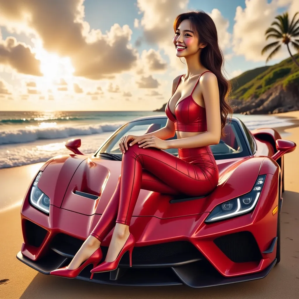 Prompt: A Lamborghini Veneno Roadster (Candy Apple Red by Koenigsegg). Stopping along a Hawaiian beach during a breathtaking sunset with a lady(Taiwanese girl with a playful smile,wearing  fitted apple red leather Crop top with deep V-neck to waist paired with  fitted apple red  leather leggings and apple red pumps). Sitting on the rear trunk of the car Ultra-realistic Concept art.
intricate artwork masterpiece, the depth of field kinophoto lens, photography, cinematography, soft bokeh, Ultra-realistic rendering, ultra-thin textures, intricate details, beautifully shot, hyperrealistic, sharp  focus, 64 megapixels, impeccable perfect composition, high contrast, cinematic, atmospheric, moody, 16k UHD, HDR