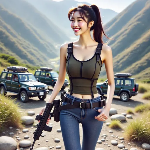 Prompt: Digital concept art, close up shot, side shot, a strong muscular mercenary girl in tank top, wearing a heavy plate carrier body armor, blue denim pants, exposed arms, carrying an assault rifle, weapon at the ready, soldiers in the background, several black tactical SUV in the background, battle ready, brunette short ponytail, running inside destroyed city, cautious face, head facing other way, eyes looking at the buildings, contrast shadow, sun rays, dramatic lighting, hi res, post-apocalyptic, UHD, 8K

