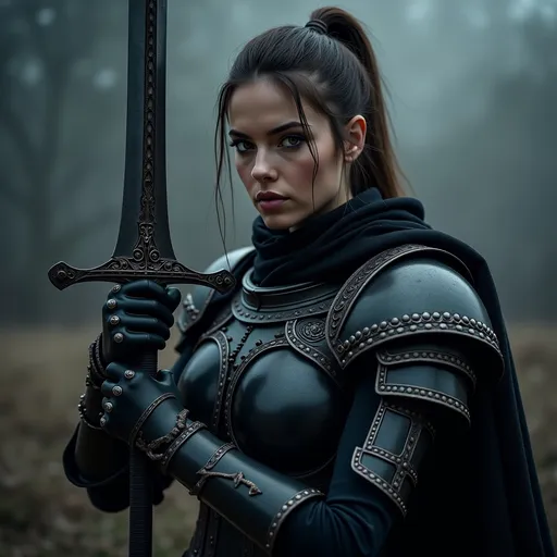 Prompt: A hot woman (badass medieval knight), (black armor), gripping sword in hand, fierce expression, dramatic pose, intricate armor details, dark and moody color palette, cinematic lighting, highly detailed, stormy background, strong and powerful presence, evokes a sense of bravery and strength, captivating and intense atmosphere, ultra-detailed, 4K resolution, ready for battle.