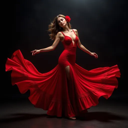 Prompt:  a beautiful and sensual female flamenco dancer in red dress dancing gracefully, dark minimalist background, gorgeous detailed face features, background space around her, 
Splash art, hyper detailed, ultra realistic, highly detailed, surreal heavy mist,
Perfect studio lighting, perfect shading, impeccable contrast, HDR, UHD, high res, 64k