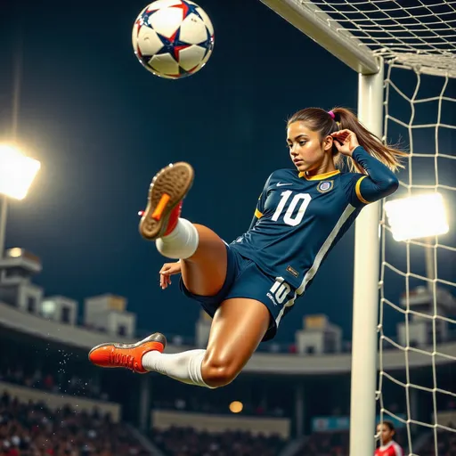 Prompt: A professional sports photography shot capturing a young, beautiful female soccer player with strong muscular figure wearing a navy blue jersey with the number 10. The scene takes place during a night match, with the player performing a powerful and graceful bicycle kick in front of the goal. 