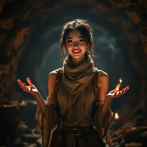Prompt: A beautiful and athletic young East Asian female adventurer stands in a dimly lit underground vault, her eyes wide with excitement and amazement. Her hands are outstretched, trembling slightly as she gazes at the vast treasure before her—mountains of gold coins, gleaming gemstones, and rare ancient artifacts. The flickering torchlight casts a warm golden glow on her face, highlighting her exhilaration. She wears a rugged yet stylish adventurer’s outfit, fitted with leather straps, utility pouches, and a scarf billowing slightly from the underground breeze. Her confident yet ecstatic expression captures the moment of discovery, making her look like she just unearthed the find of a lifetime. The atmosphere is mysterious and breathtaking, filled with the aura of long-lost riches.