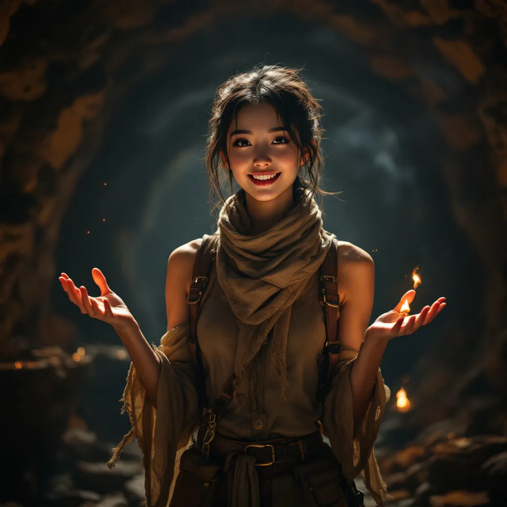 Prompt: A beautiful and athletic young East Asian female adventurer stands in a dimly lit underground vault, her eyes wide with excitement and amazement. Her hands are outstretched, trembling slightly as she gazes at the vast treasure before her—mountains of gold coins, gleaming gemstones, and rare ancient artifacts. The flickering torchlight casts a warm golden glow on her face, highlighting her exhilaration. She wears a rugged yet stylish adventurer’s outfit, fitted with leather straps, utility pouches, and a scarf billowing slightly from the underground breeze. Her confident yet ecstatic expression captures the moment of discovery, making her look like she just unearthed the find of a lifetime. The atmosphere is mysterious and breathtaking, filled with the aura of long-lost riches.