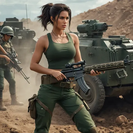 Prompt: Digital concept art. A young, stunning female mercenary with a strong and well-proportioned physique (dressed in a dark green crop top paired with deep green jeans and a pair of military boots.) setting up a heavy machine gun mounted on a tripod inside a battle trench. She is fiercely firing at enemies in front of her, with determination on her face. Bullet casings eject rapidly as the muzzle flashes illuminate the dark and gritty battlefield. Surrounded by sandbags and rough terrain. The scene features dramatic lighting, cloudy skies, and an intense, cinematic atmosphere