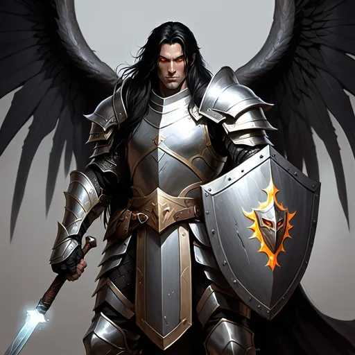 Prompt: tall, paladin, Aasmiar, male, soft face, holding a shield, wearing paladin armor, long black hair and glowing gray eyes, holding a Hammer weapon. fantasy, dungeons and dragons, evil wings