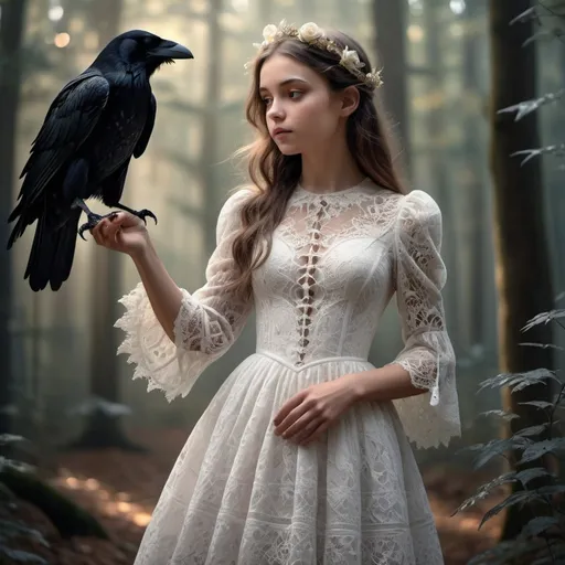 Prompt: image of a young girl wearing a white victorian lacy dress with a black raven perched on her outstretched hand