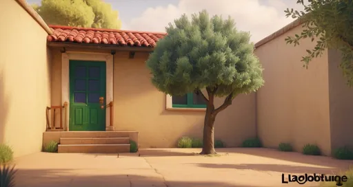 Prompt: a house with a tree and a door in front of it and a green door and a red roof, Chris LaBrooy, symbolism, unreal engine 5 highly rendered, a detailed matte painting

Please edit this image:
A thicker olive tree
A wider window
Add an old simple short wooden desk under the window
