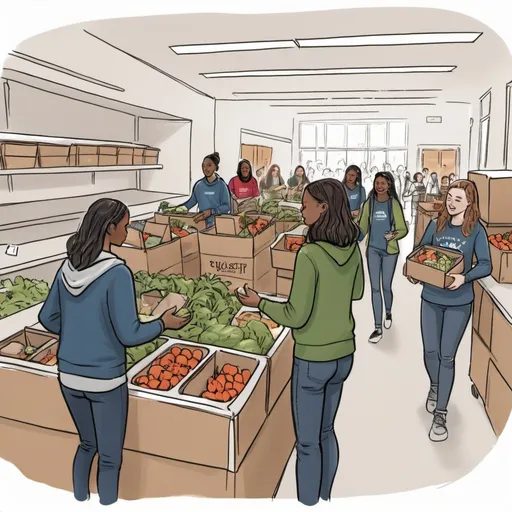 Prompt: A sketch depicting the student-led food rescue program in action. Show students collecting surplus food from dining halls and redistributing it to those facing food insecurity. This sketch should highlight the positive impact on both reducing food waste and ensuring access to nutritious meals.