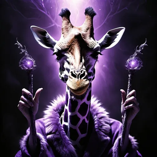 Prompt: demon giraffe with human hands, magical wand, purple underworld, surreal, high quality, digital art, ethereal lighting, mysterious, surrealistic, detailed fur, magical atmosphere, fantasy, mystical, dark tones, atmospheric, dreamlike, eerie, otherworldly, haunting, enchanting, purple hues